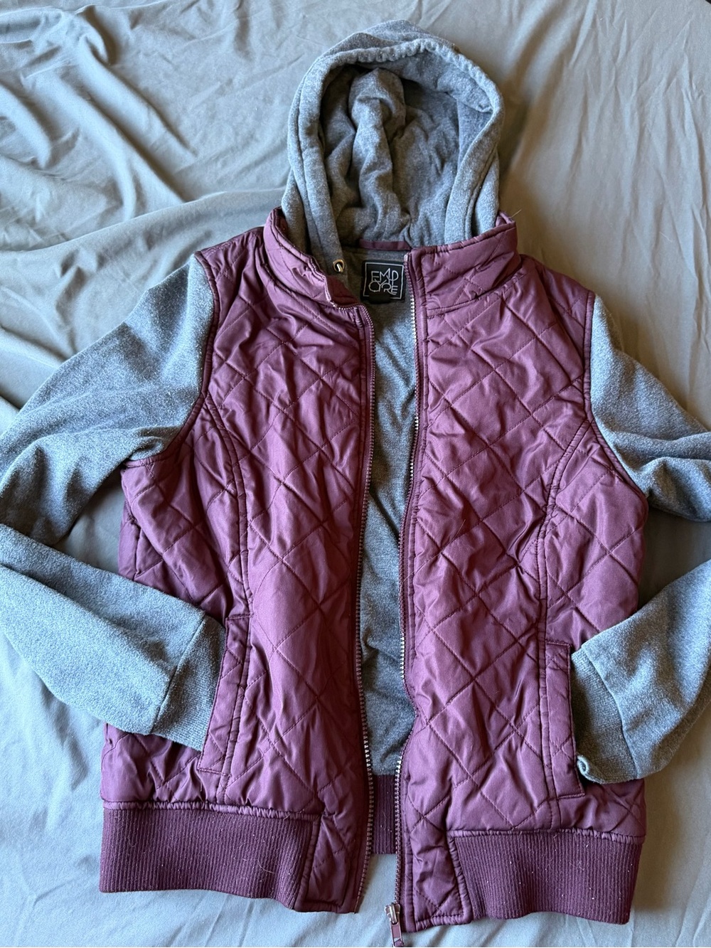 Empyre Quilted Burgundy Vest with Grey Hooded Sleeves